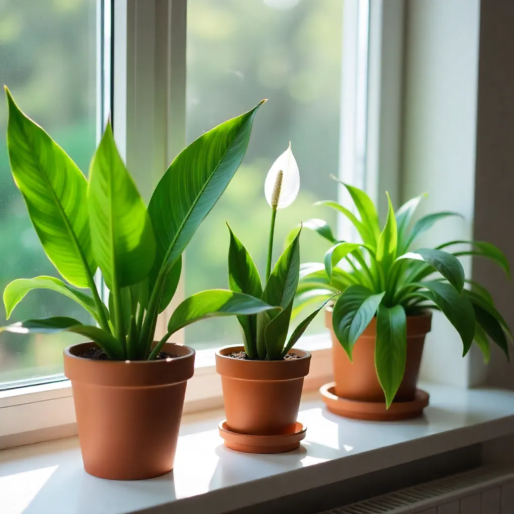 Potted plants including snake plant and peace lily